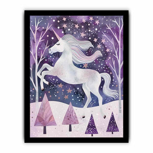 White unicorn winter forest canvas art for a dreamy kids bedroom or nursery.