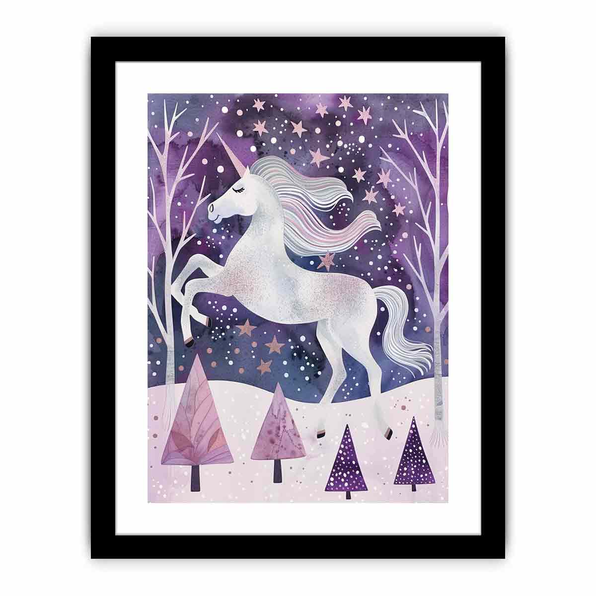 White unicorn winter forest canvas art for a dreamy kids bedroom or nursery.
