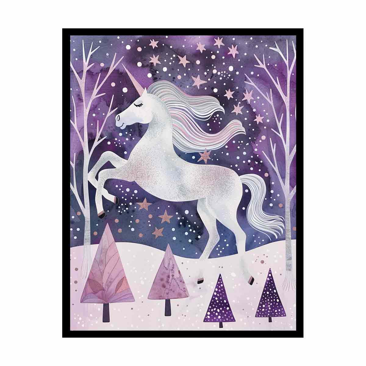 White unicorn winter forest canvas art for a dreamy kids bedroom or nursery.