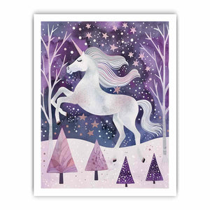 White unicorn winter forest canvas art for a dreamy kids bedroom or nursery.