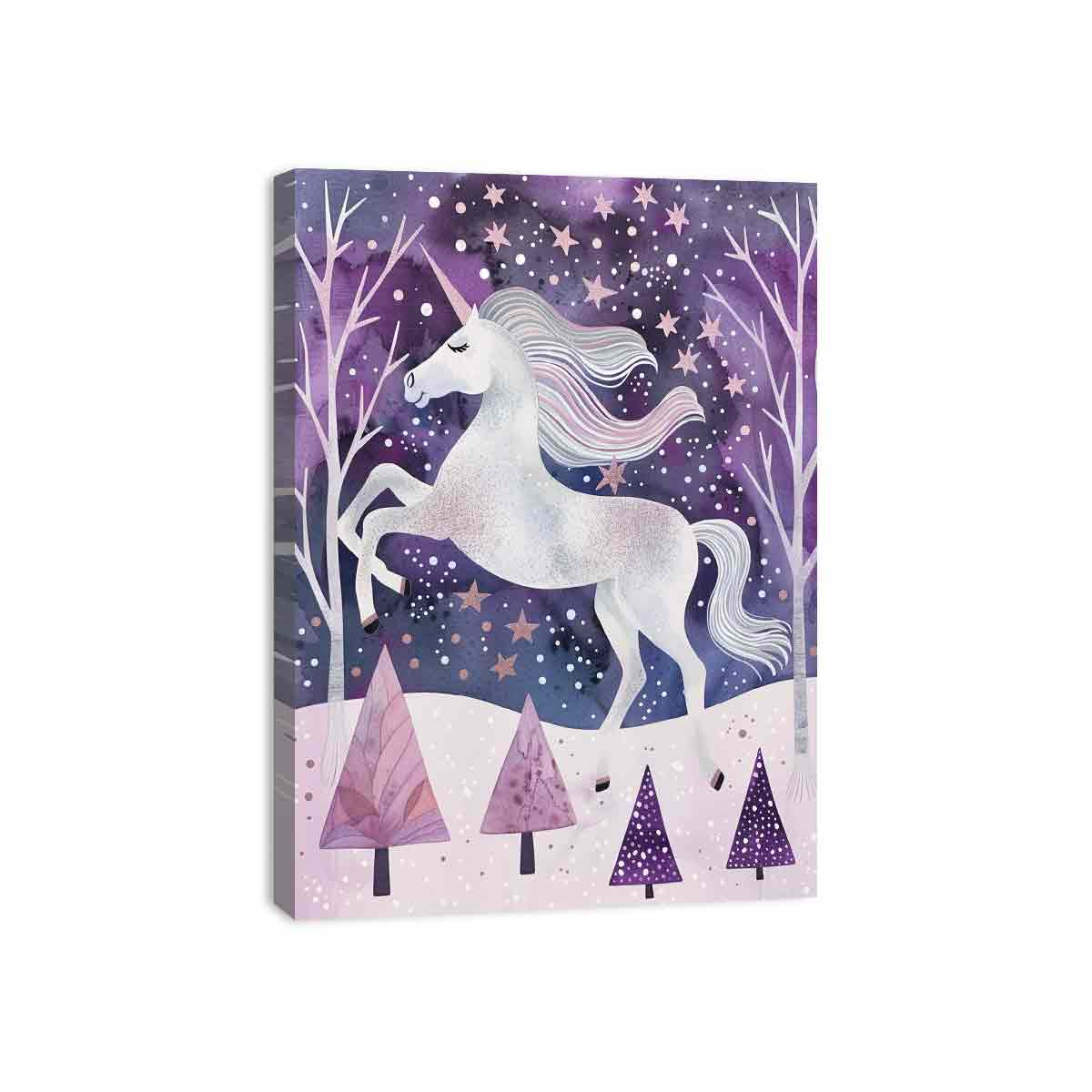 White unicorn winter forest canvas art for a dreamy kids bedroom or nursery.