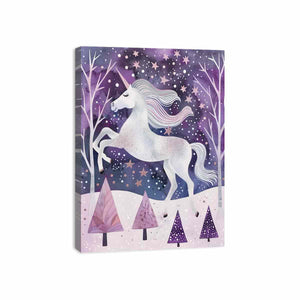 White unicorn winter forest canvas art for a dreamy kids bedroom or nursery.