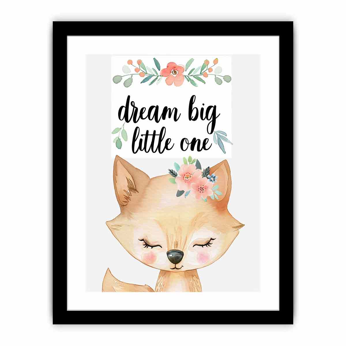 Watercolor fox nursery canvas print with floral crown and dream big typography for kids room decor.