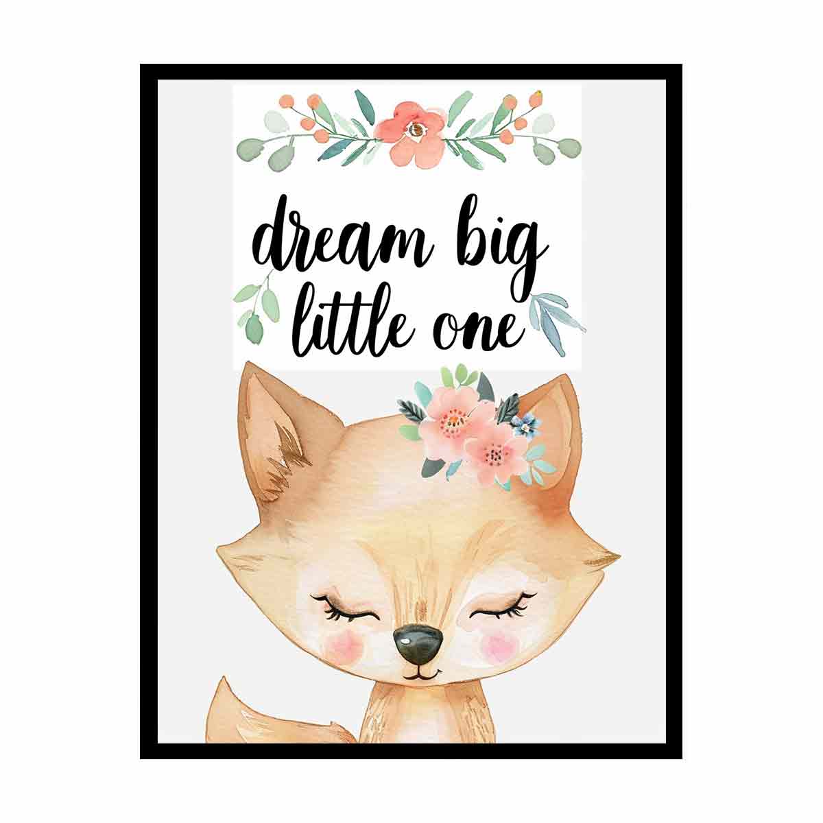 Watercolor fox nursery canvas print with floral crown and dream big typography for kids room decor.