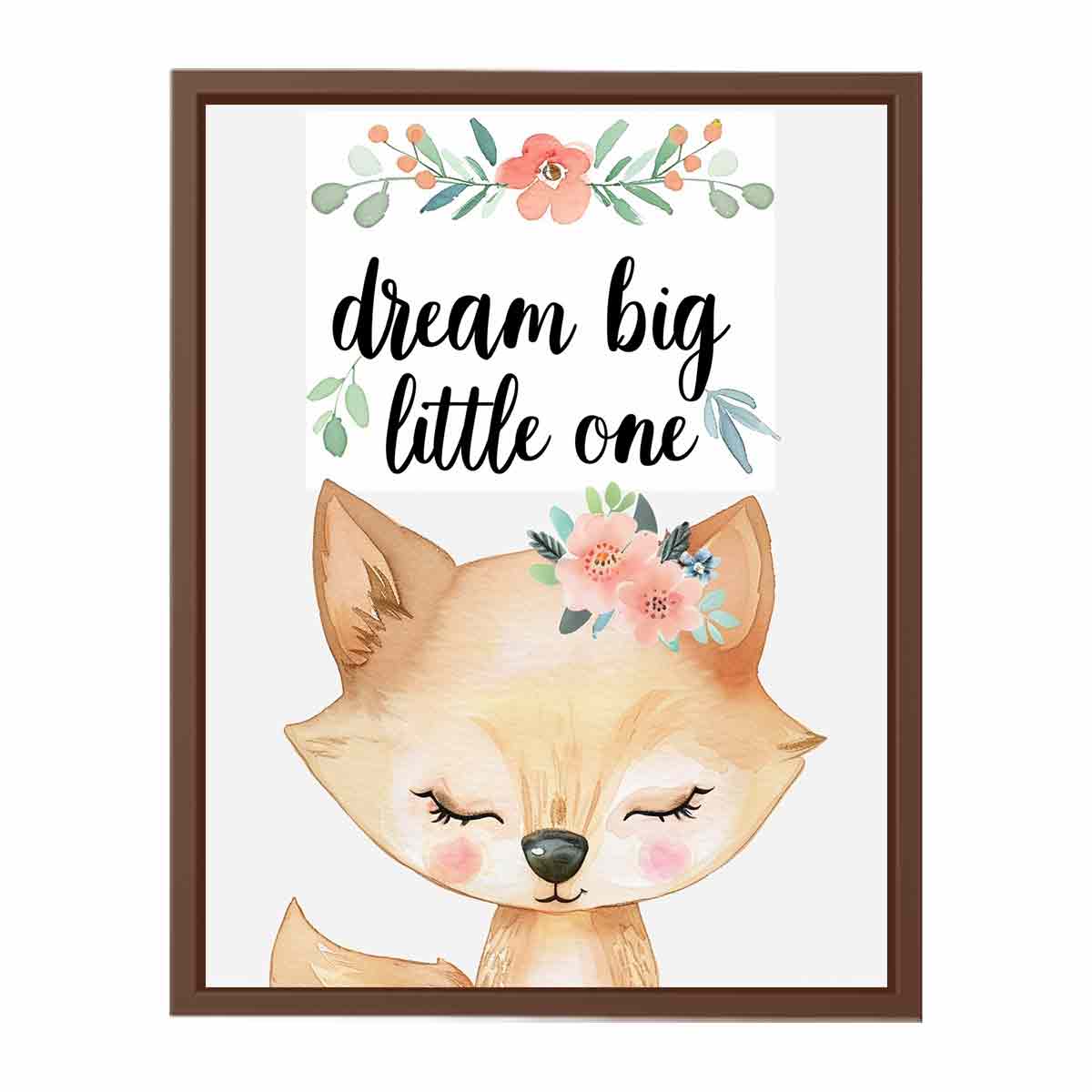 Watercolor fox nursery canvas print with floral crown and dream big typography for kids room decor.