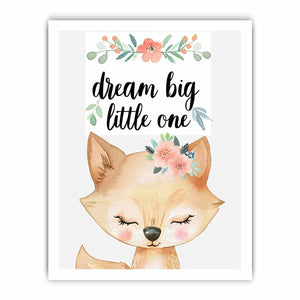 Watercolor fox nursery canvas print with floral crown and dream big typography for kids room decor.