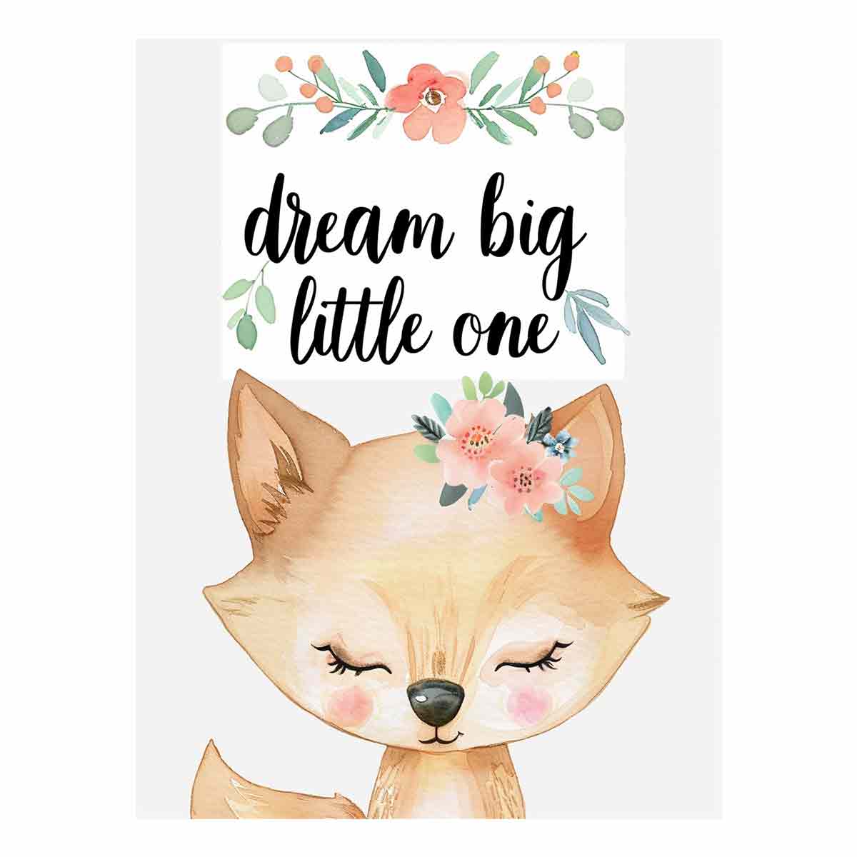 Watercolor fox nursery canvas print with floral crown and dream big typography for kids room decor.