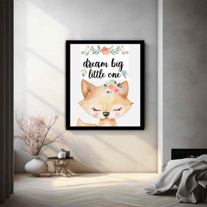 Watercolor fox nursery canvas print with floral crown and dream big typography for kids room decor.