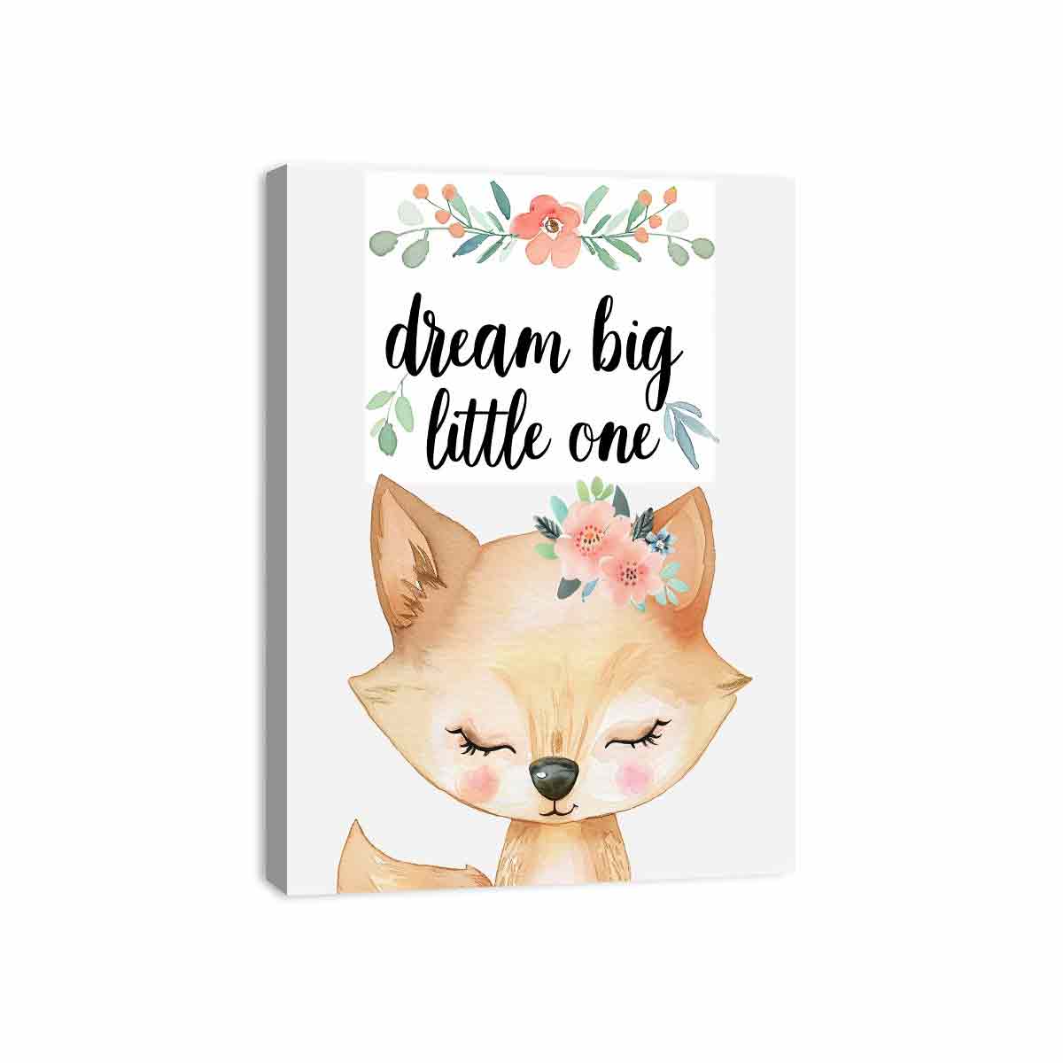 Watercolor fox nursery canvas print with floral crown and dream big typography for kids room decor.