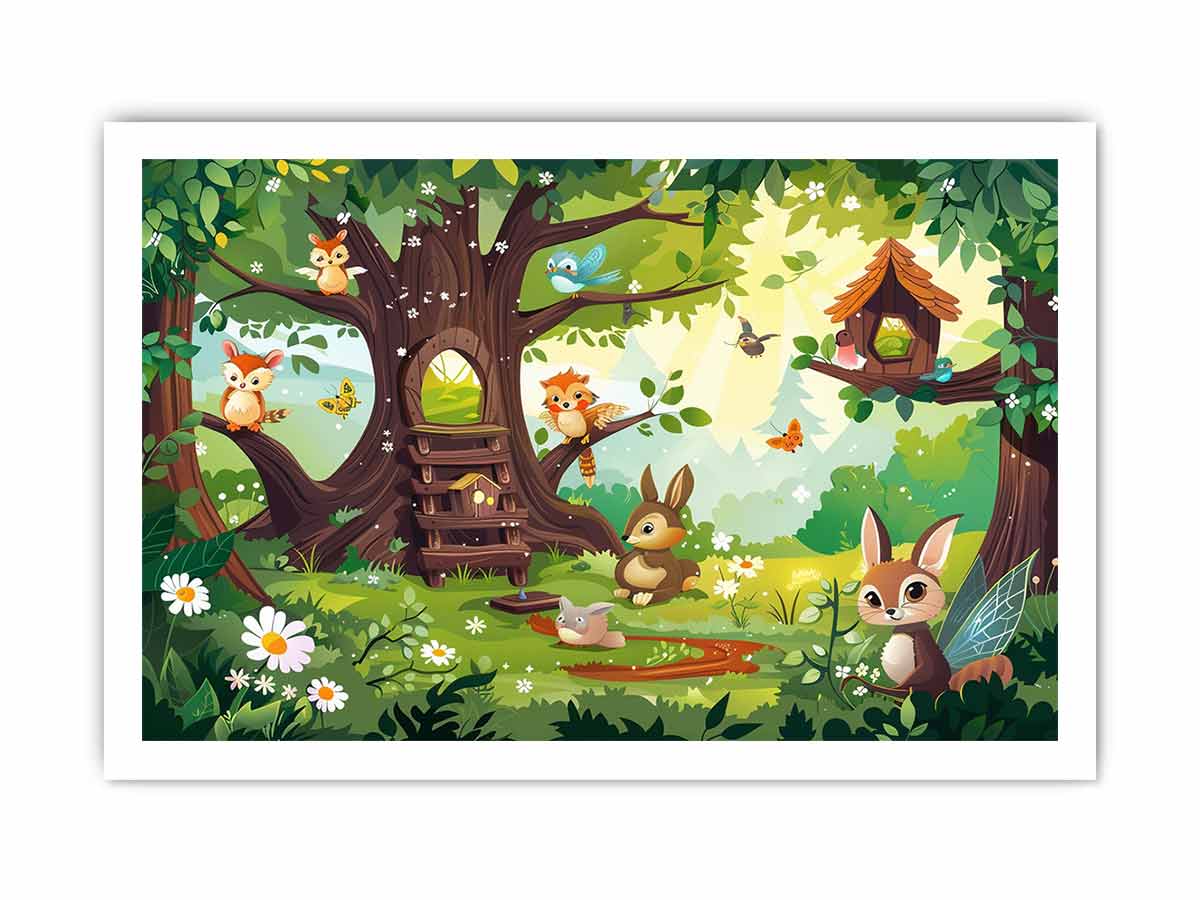 Colorful woodland animal canvas print with treehouse, flowers, birds and butterflies for kids room decor.