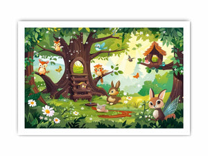 Colorful woodland animal canvas print with treehouse, flowers, birds and butterflies for kids room decor.