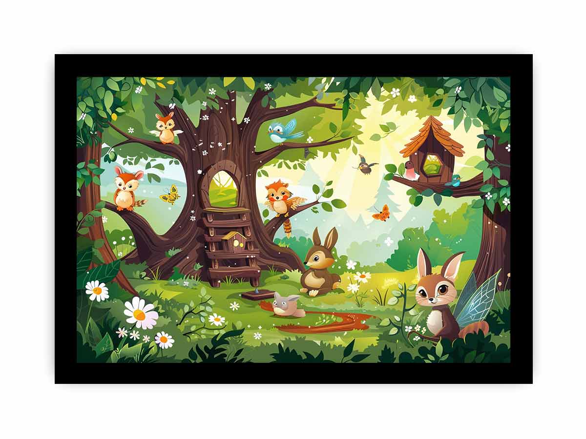 Colorful woodland animal canvas print with treehouse, flowers, birds and butterflies for kids room decor.