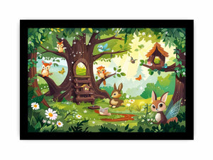 Colorful woodland animal canvas print with treehouse, flowers, birds and butterflies for kids room decor.