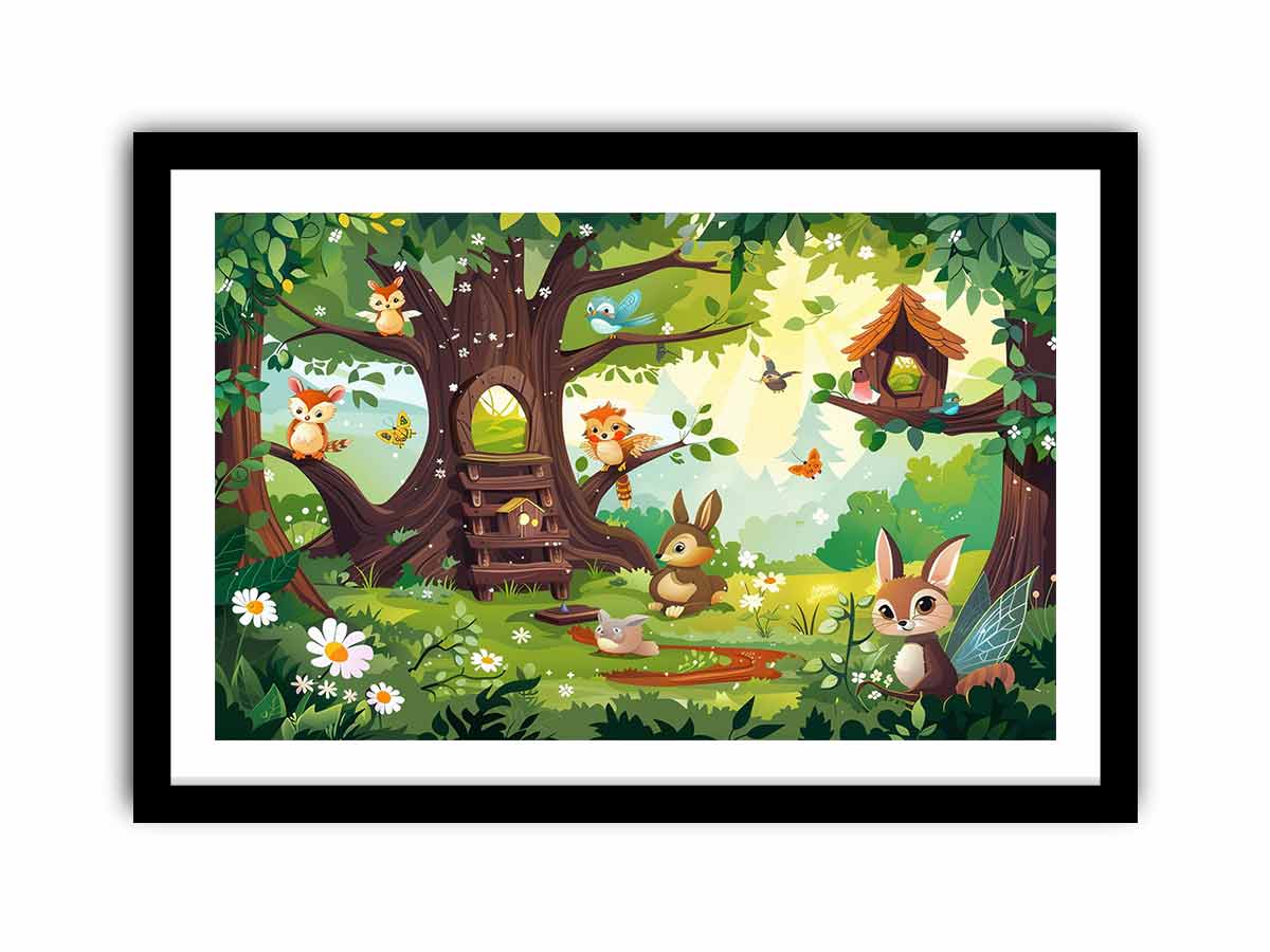 Colorful woodland animal canvas print with treehouse, flowers, birds and butterflies for kids room decor.
