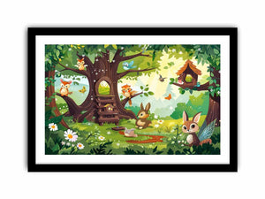 Colorful woodland animal canvas print with treehouse, flowers, birds and butterflies for kids room decor.