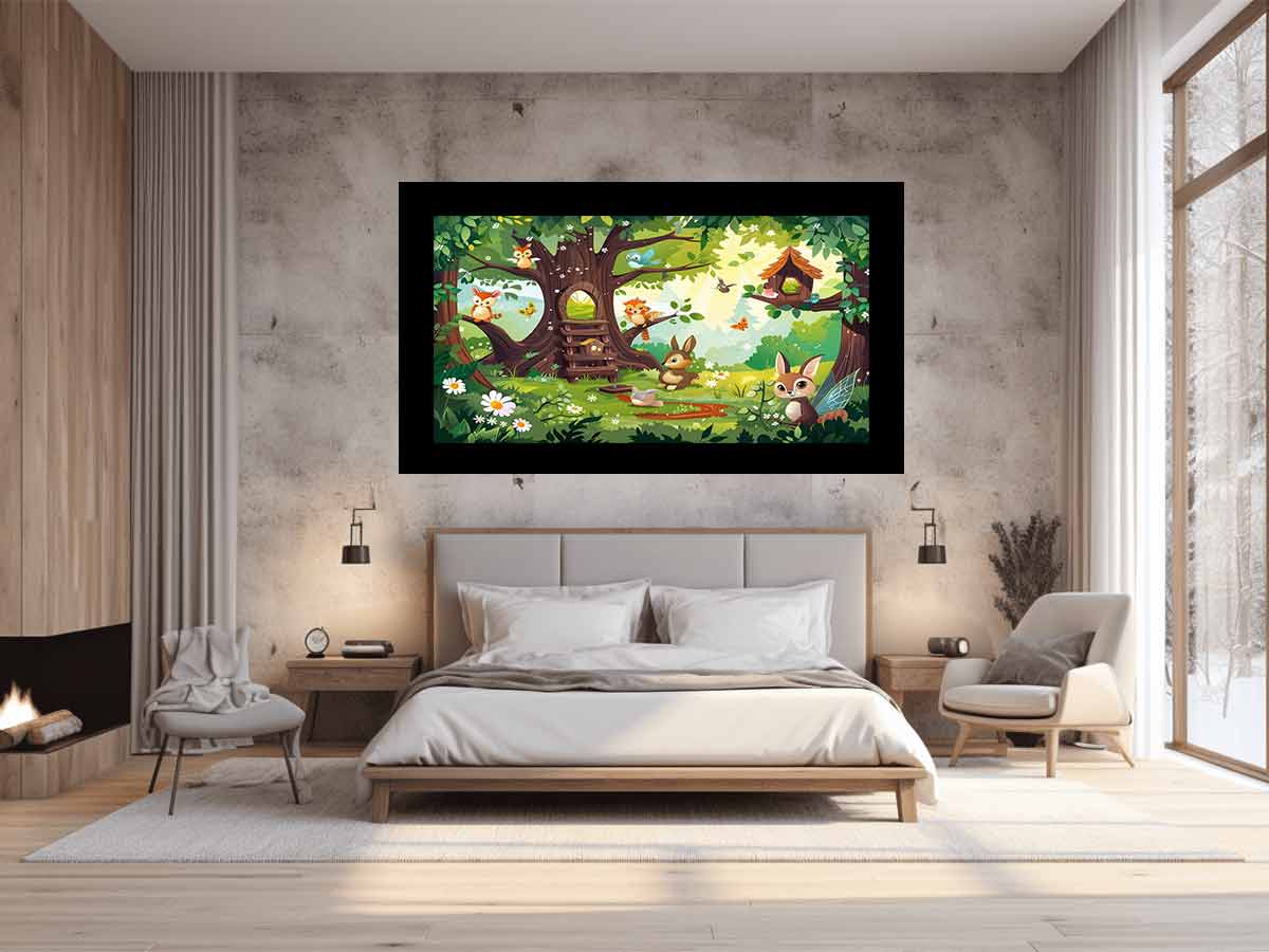 Colorful woodland animal canvas print with treehouse, flowers, birds and butterflies for kids room decor.
