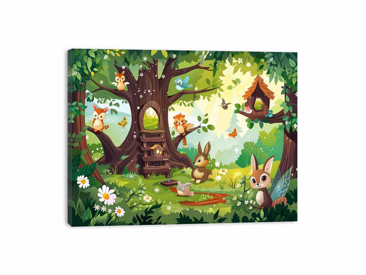 Colorful woodland animal canvas print with treehouse, flowers, birds and butterflies for kids room decor.