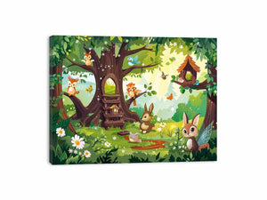 Colorful woodland animal canvas print with treehouse, flowers, birds and butterflies for kids room decor.