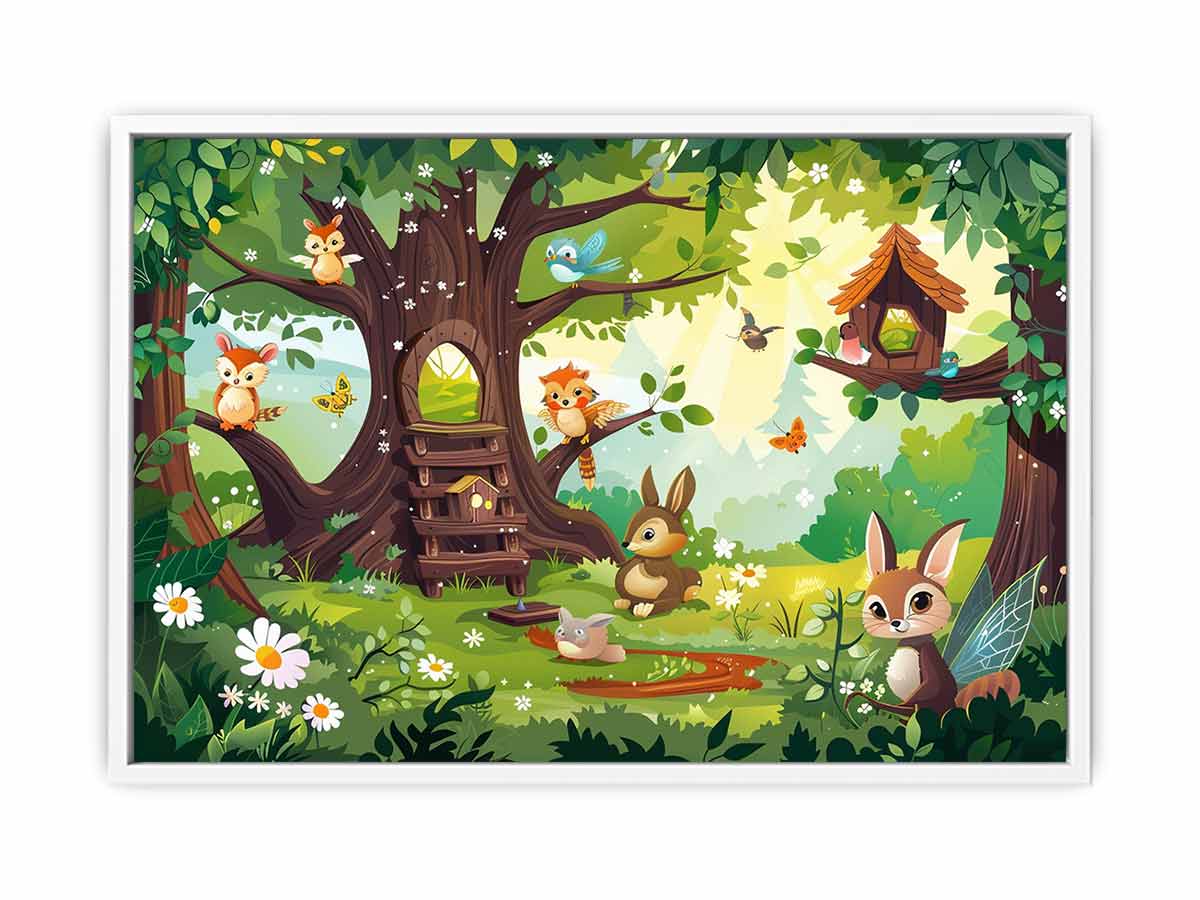 Colorful woodland animal canvas print with treehouse, flowers, birds and butterflies for kids room decor.