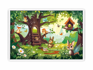 Colorful woodland animal canvas print with treehouse, flowers, birds and butterflies for kids room decor.