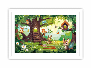 Colorful woodland animal canvas print with treehouse, flowers, birds and butterflies for kids room decor.