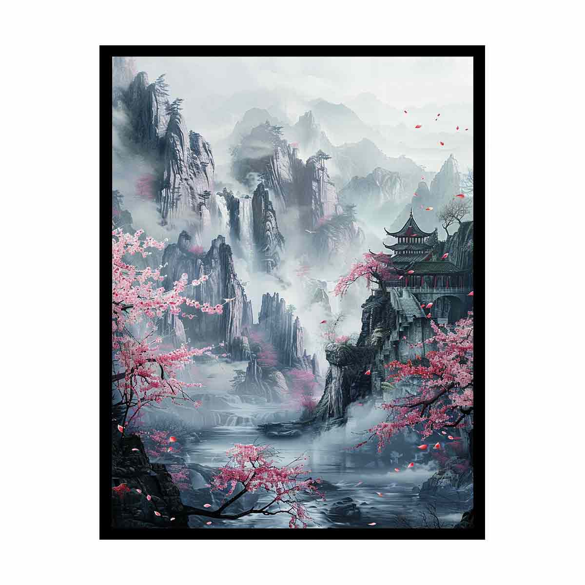 Misty Asian mountain canvas art with cherry blossoms, waterfall and pavilion for serene living room decor.