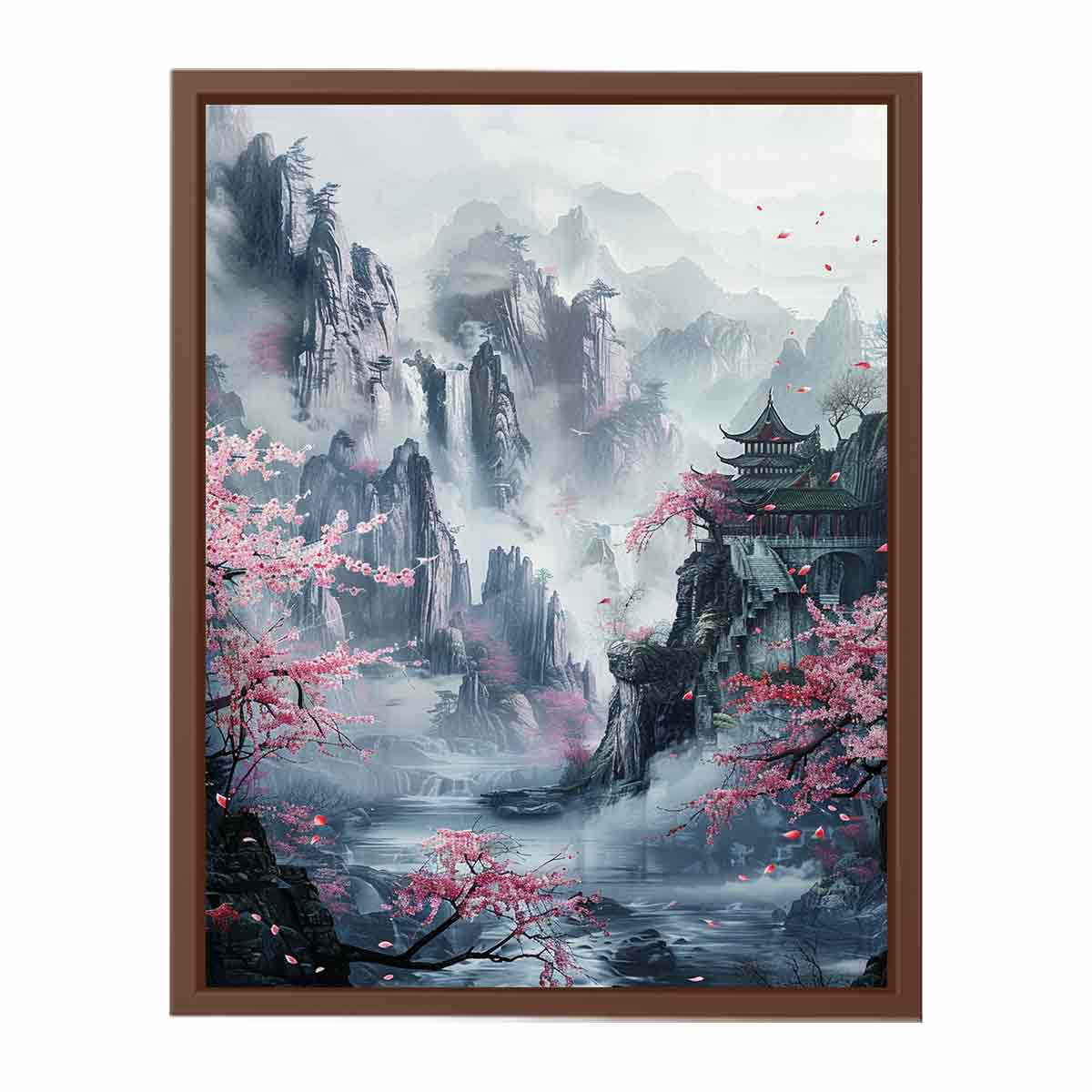 Misty Asian mountain canvas art with cherry blossoms, waterfall and pavilion for serene living room decor.