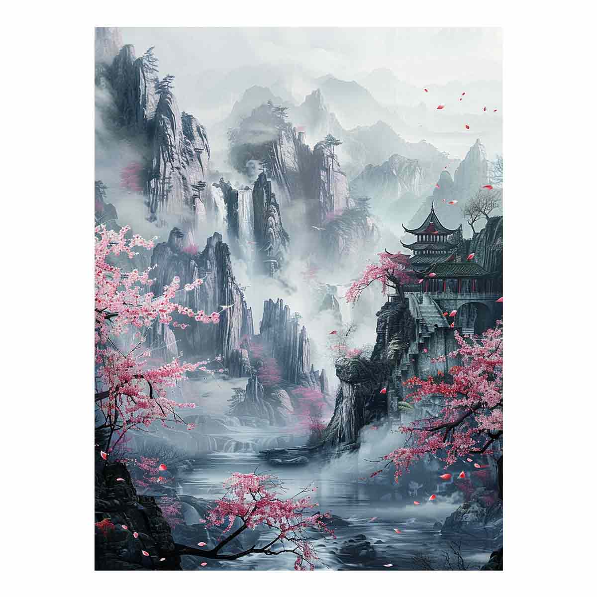 Misty Asian mountain canvas art with cherry blossoms, waterfall and pavilion for serene living room decor.