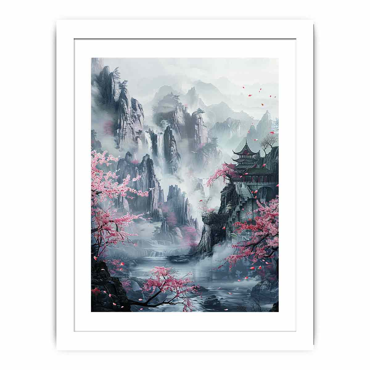 Misty Asian mountain canvas art with cherry blossoms, waterfall and pavilion for serene living room decor.
