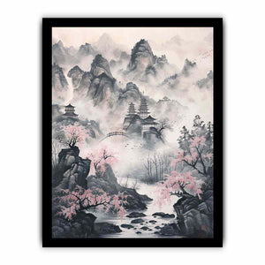 Traditional Asian ink landscape canvas art with misty mountains, pagodas and blossoms for calm decor.