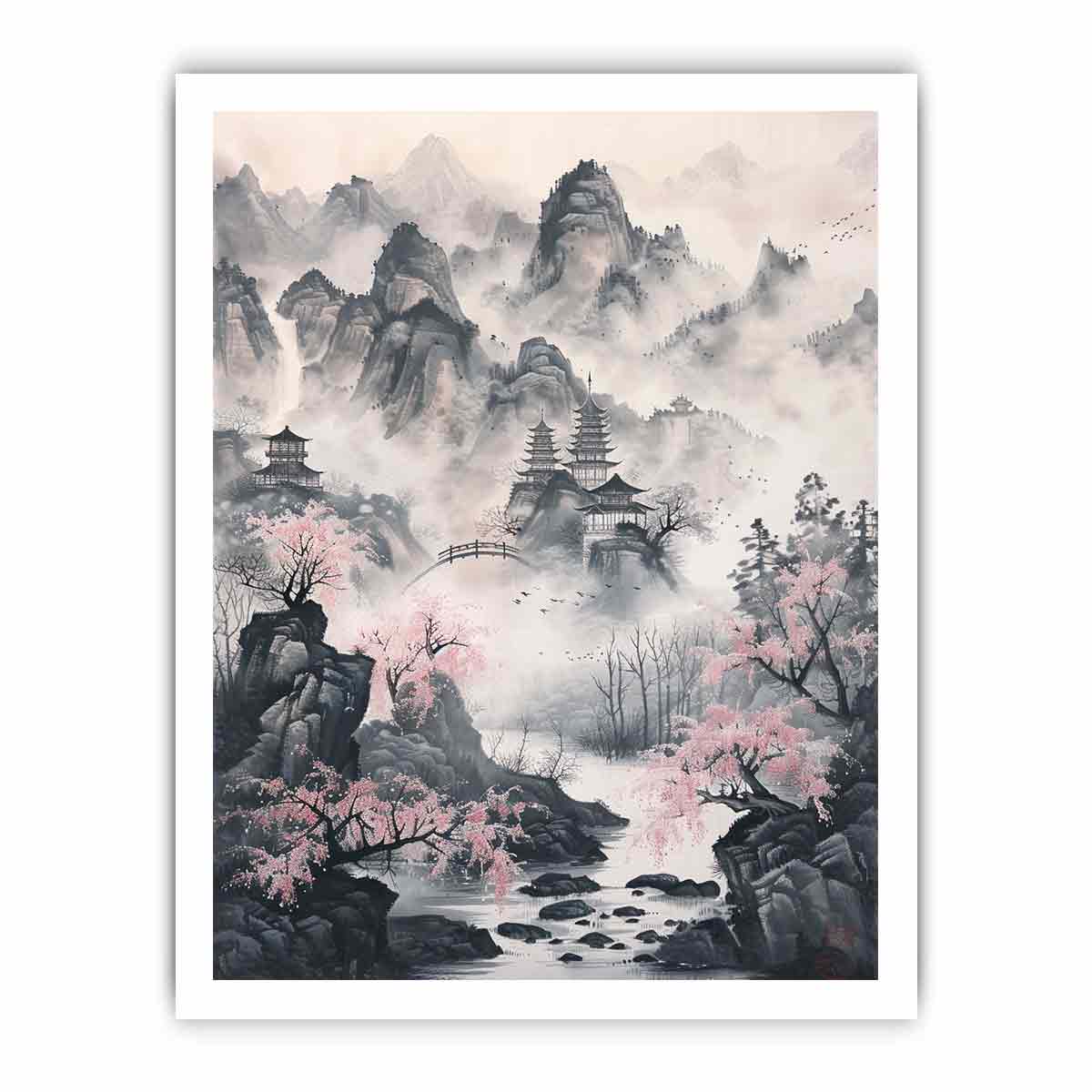 Traditional Asian ink landscape canvas art with misty mountains, pagodas and blossoms for calm decor.