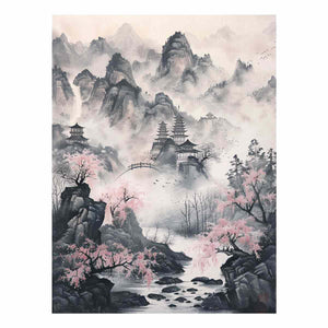Traditional Asian ink landscape canvas art with misty mountains, pagodas and blossoms for calm decor.