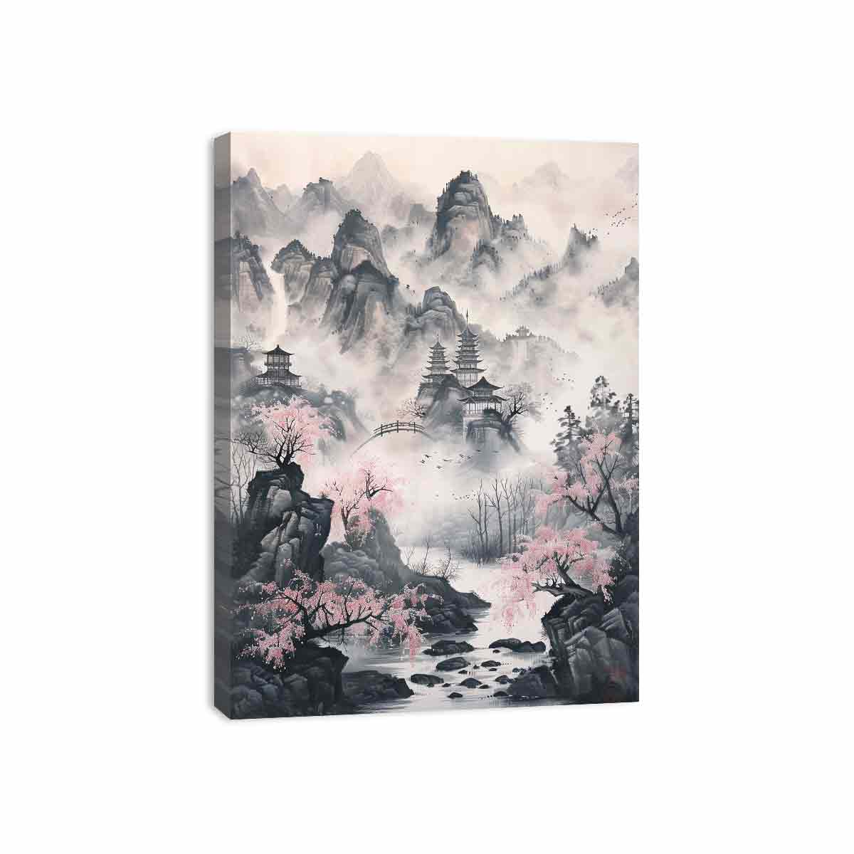 Traditional Asian ink landscape canvas art with misty mountains, pagodas and blossoms for calm decor.
