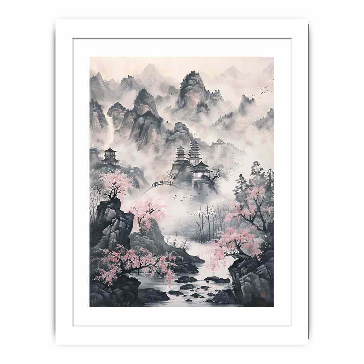 Traditional Asian ink landscape canvas art with misty mountains, pagodas and blossoms for calm decor.