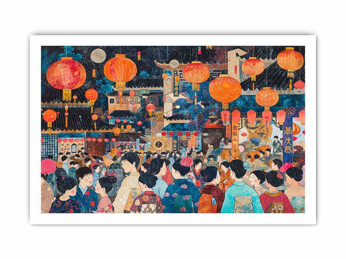 Colorful Asian lantern festival canvas art with crowd, architecture and glowing night decor details.