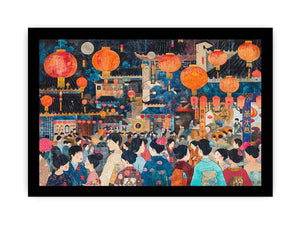 Colorful Asian lantern festival canvas art with crowd, architecture and glowing night decor details.
