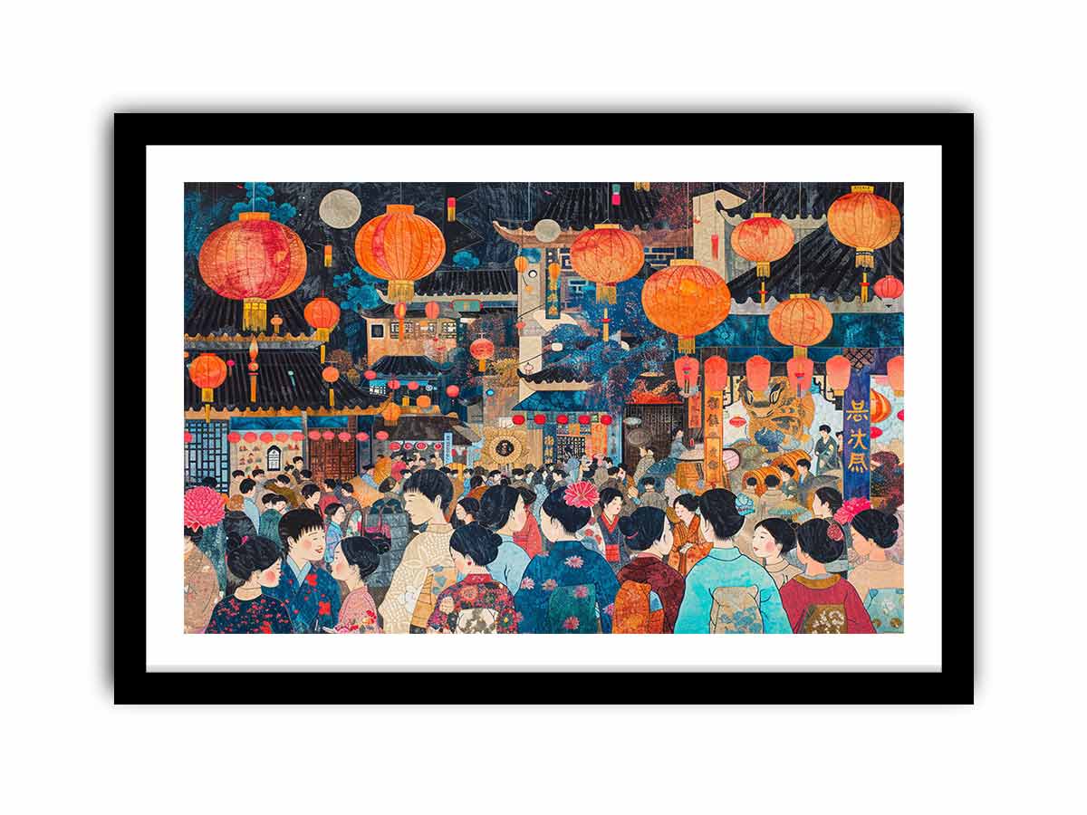 Colorful Asian lantern festival canvas art with crowd, architecture and glowing night decor details.