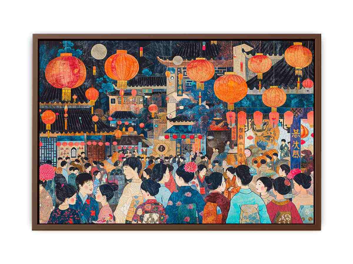 Colorful Asian lantern festival canvas art with crowd, architecture and glowing night decor details.