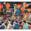 Colorful Asian lantern festival canvas art with crowd, architecture and glowing night decor details.