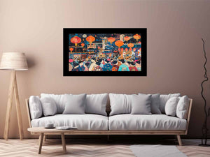 Colorful Asian lantern festival canvas art with crowd, architecture and glowing night decor details.