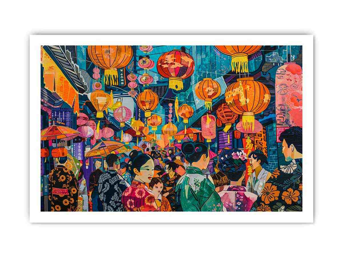 Vibrant Asian lantern street canvas art with umbrellas, crowd and neon city details for statement decor.