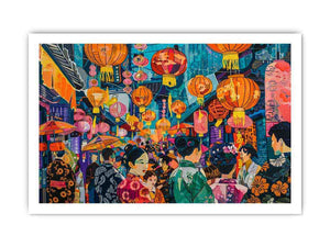 Vibrant Asian lantern street canvas art with umbrellas, crowd and neon city details for statement decor.