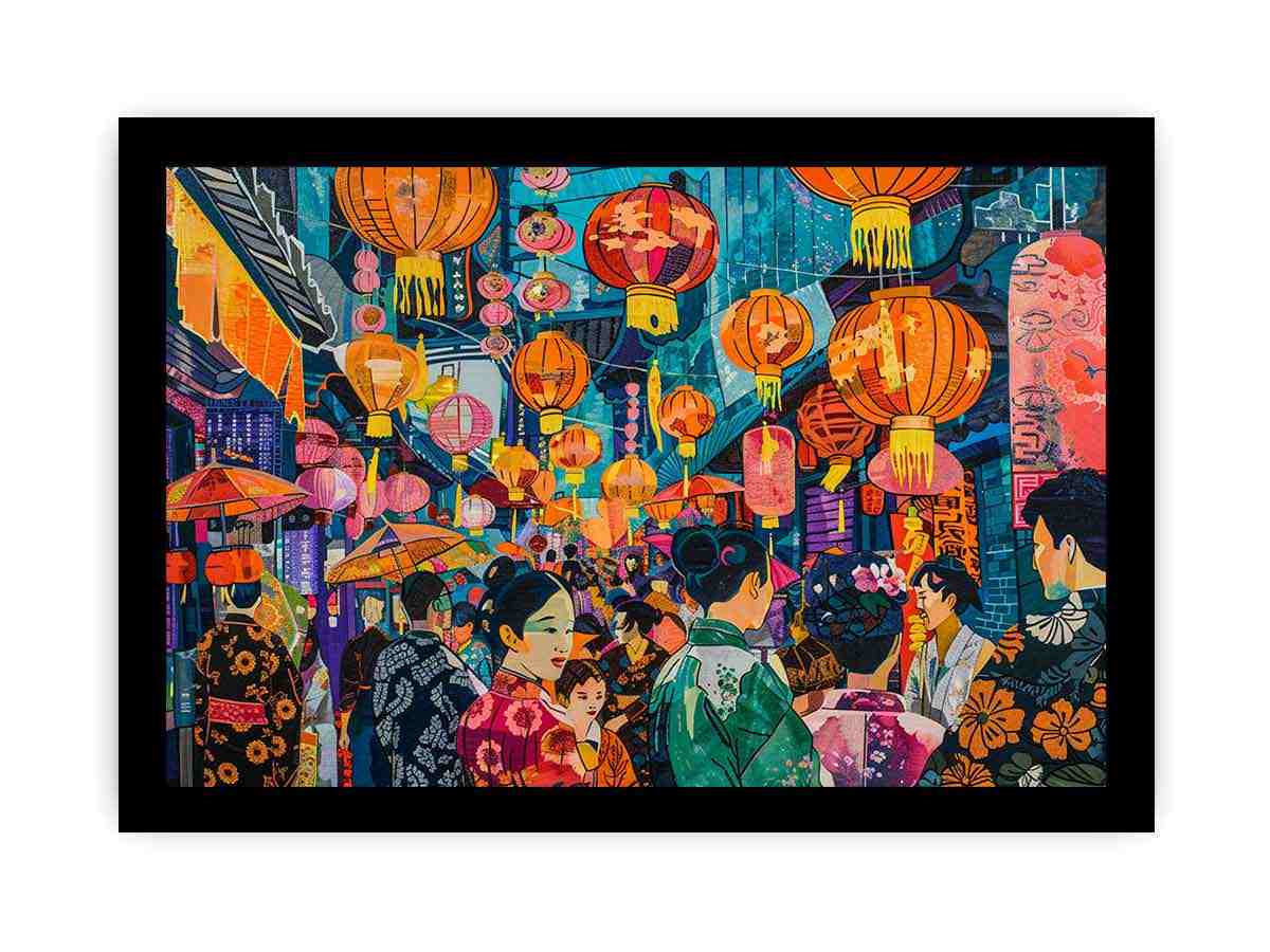 Vibrant Asian lantern street canvas art with umbrellas, crowd and neon city details for statement decor.