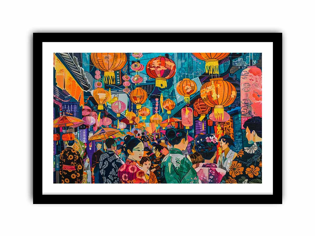 Vibrant Asian lantern street canvas art with umbrellas, crowd and neon city details for statement decor.