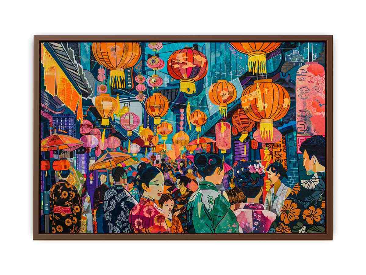 Vibrant Asian lantern street canvas art with umbrellas, crowd and neon city details for statement decor.