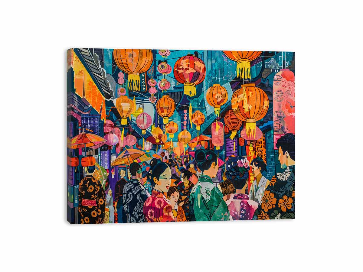 Vibrant Asian lantern street canvas art with umbrellas, crowd and neon city details for statement decor.