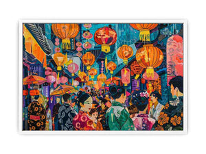 Vibrant Asian lantern street canvas art with umbrellas, crowd and neon city details for statement decor.