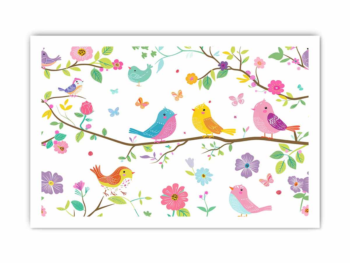 Colorful bird and floral canvas print with butterflies and branches for cheerful nursery or kids room decor.