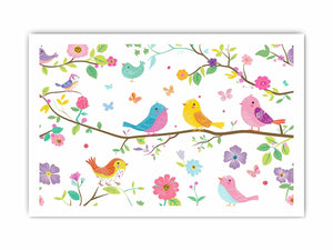 Colorful bird and floral canvas print with butterflies and branches for cheerful nursery or kids room decor.