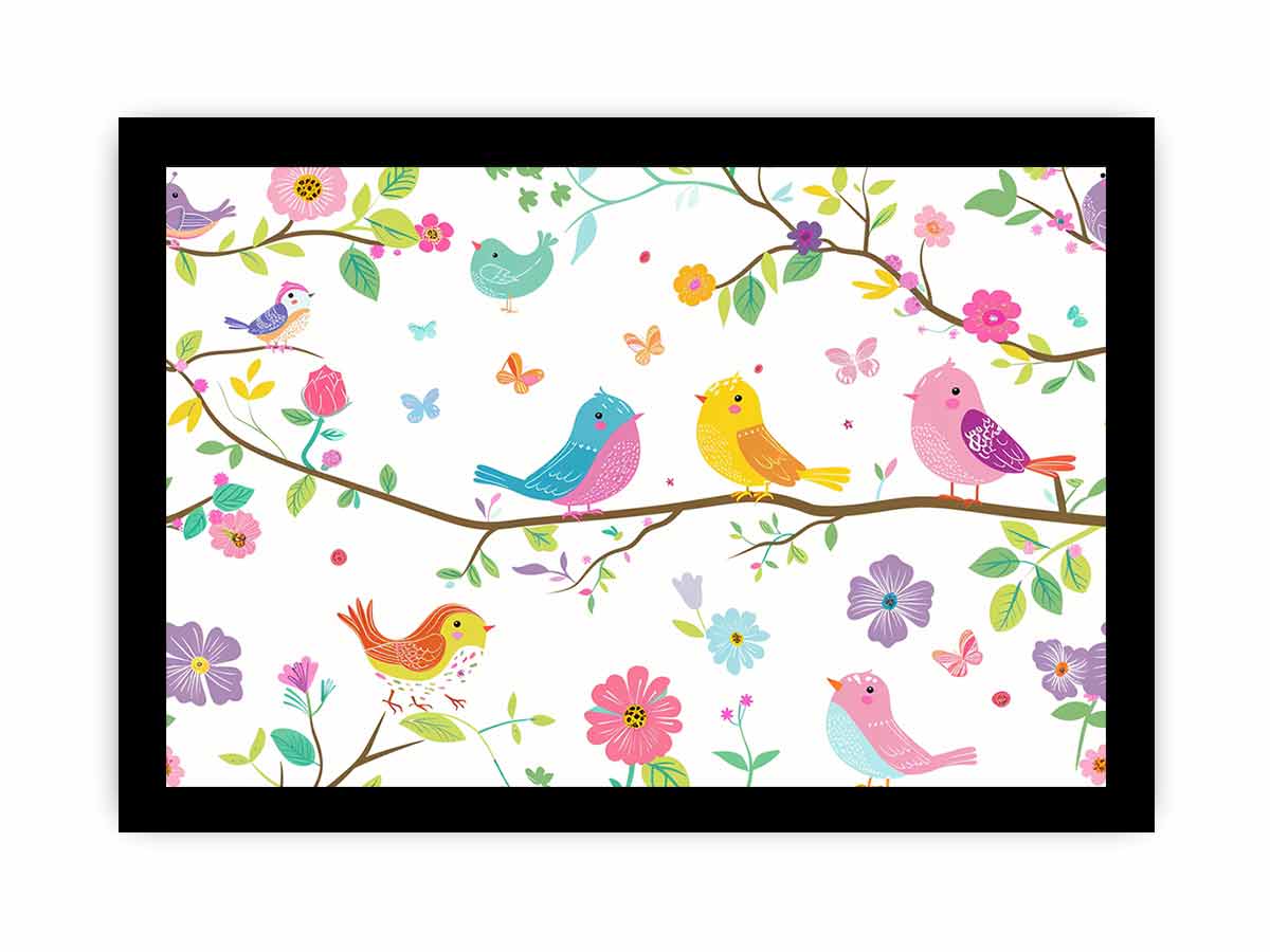 Colorful bird and floral canvas print with butterflies and branches for cheerful nursery or kids room decor.